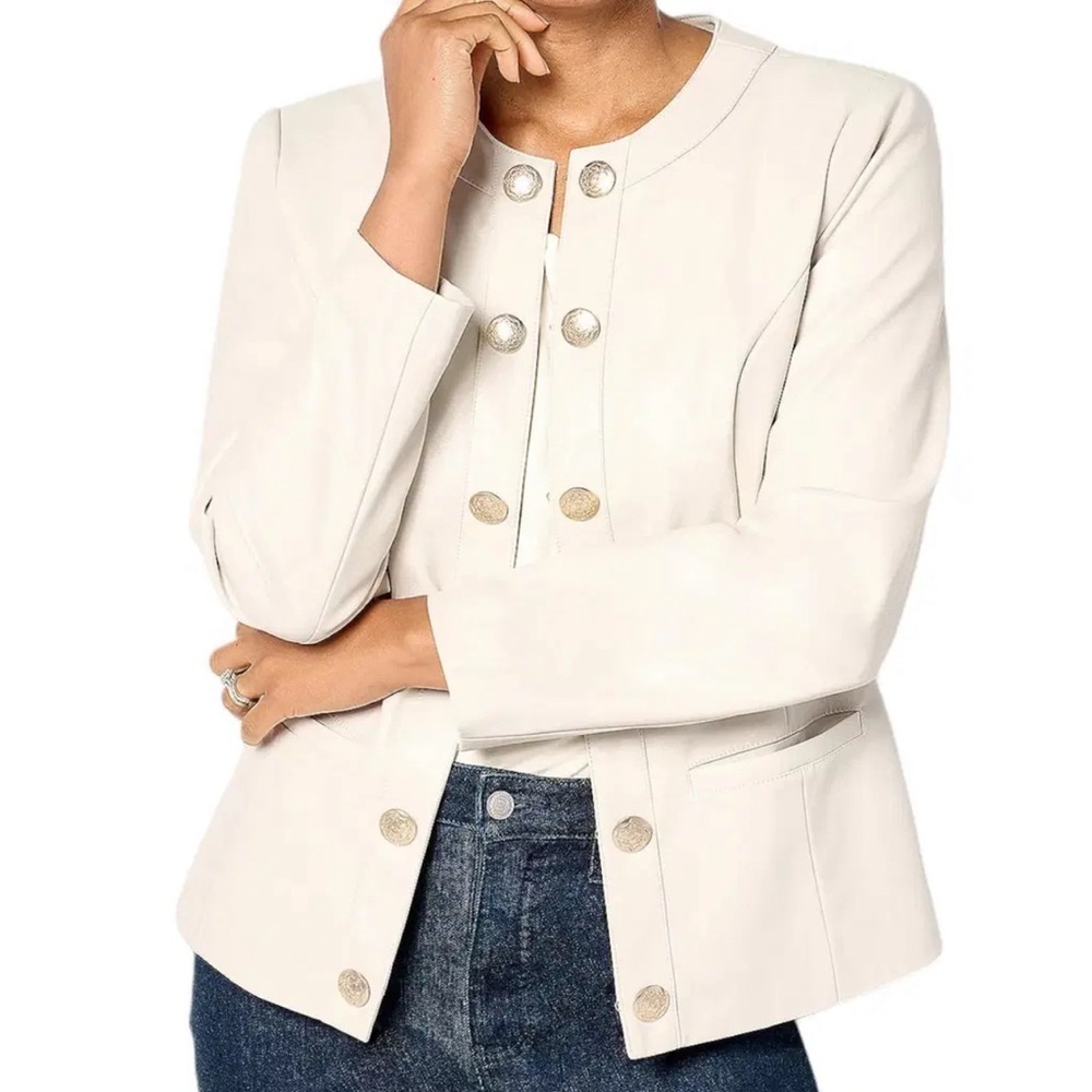 GRAVER Susan Graver Faux Leather Long Sleeve Jacket Pale Stone Color Size 12